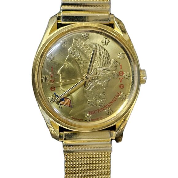 Windup Bicentennial Coin Gold 70s 34mm Watch Vintage Tested And Works Men's - Picture 1 of 6